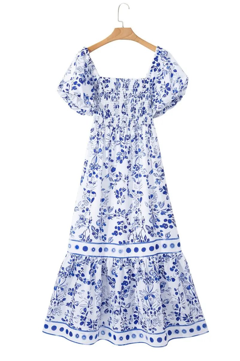 Sky Blue Floral Print Square Neck Bubble Sleeve Dress - Love Salve